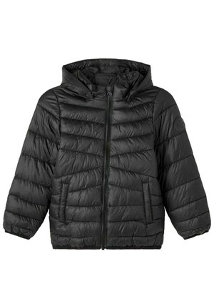Czarna, pikowana kurtka puchowa z kapturem, przednim zamkiem błyskawicznym, dwoma przednimi kieszeniami i elastycznymi mankietami.