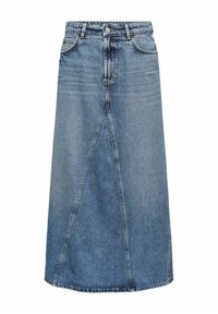 Ljusblå denim midi kjol med hög midja, framfickor och en rak silhuett. Tyget har en mjuk textur.