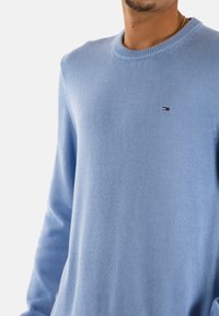Maglione azzurro chiaro realizzato in morbido tessuto lavorato a maglia, con un classico colletto a giro e un piccolo logo nei colori rosso, bianco e blu.