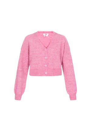 Kardigan yang dipotong dalam kain rajut pink lembut, menampilkan leher V, penutupan lima kancing, dan lengan panjang yang sedikit mengembang dengan pergelangan tangan berpola rib.