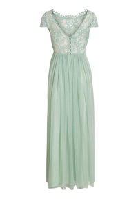 Robe longue vert menthe clair avec manches courtes en dentelle, broderie florale sur le corsage, boutons sur le devant et jupe plissée fluide.