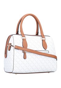 Sac à main blanc avec un motif en diamant, anses en cuir marron et accents, fermeture éclair, et bandoulière amovible. Quincaillerie en ton or.