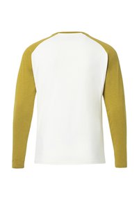 Langemouwshirt met een witte body en mosterdgele raglanmouwen. Zachte textuur met een ronde hals en geen zichtbare prints of patronen.