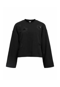 Sudadera corta negra hecha de tejido suave, con bordado floral en el frontal. Mangas largas y cuello redondo.
