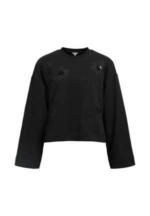 Schwarzes, gekürztes Sweatshirt aus weichem Stoff, mit floralem Stickerei auf der Vorderseite. Lange Ärmel mit Rundhalsausschnitt.