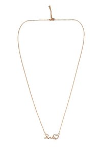 Rose gold halskæde med en delikat kæde med ordet "Kærlighed" i skriftstil, pyntet med en lille hjerteform.