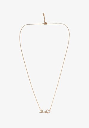 Náhrdelník z ružového zlata s jemným reťazcom, na ktorom je nápis "Láska" v kurzíve, doplnený malým tvarom srdca.