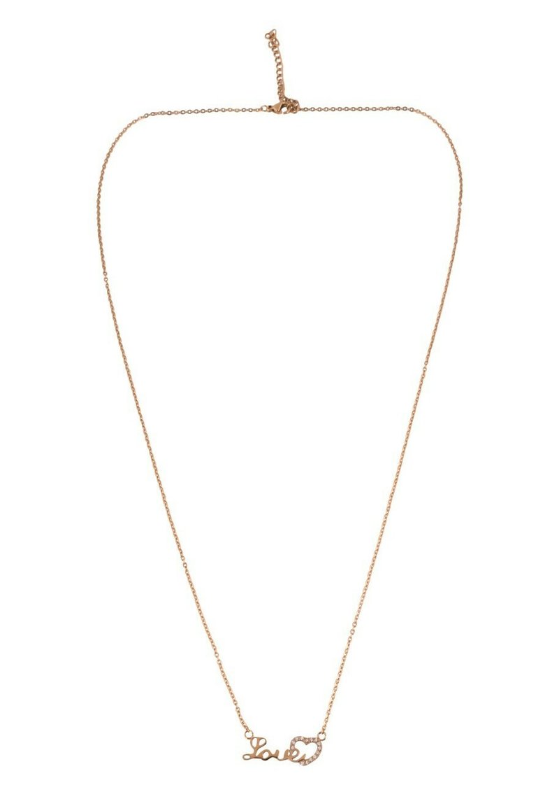 Rose gold halskæde med en delikat kæde med ordet "Kærlighed" i skriftstil, pyntet med en lille hjerteform.