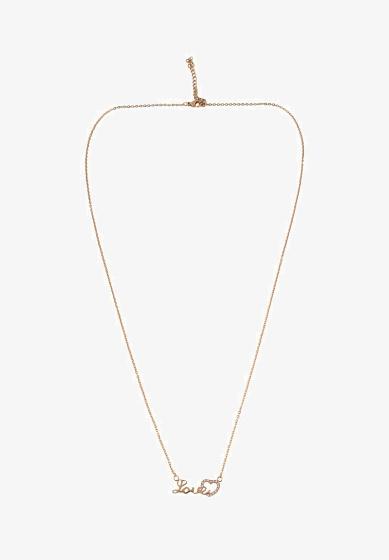 Náhrdelník z ružového zlata s jemným reťazcom, na ktorom je nápis "Láska" v kurzíve, doplnený malým tvarom srdca.
