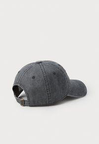 Grijze katoenen baseballpet met een gebogen rand, verstelbare band en zes-paneelontwerp. Bevat een gestructureerde stof en zichtbare stikseldetails.