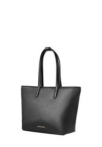 Borsa tote in pelle nera con due manici lunghi, forma rettangolare, finitura testurizzata e un logo dorato sul davanti. Design interno liscio.
