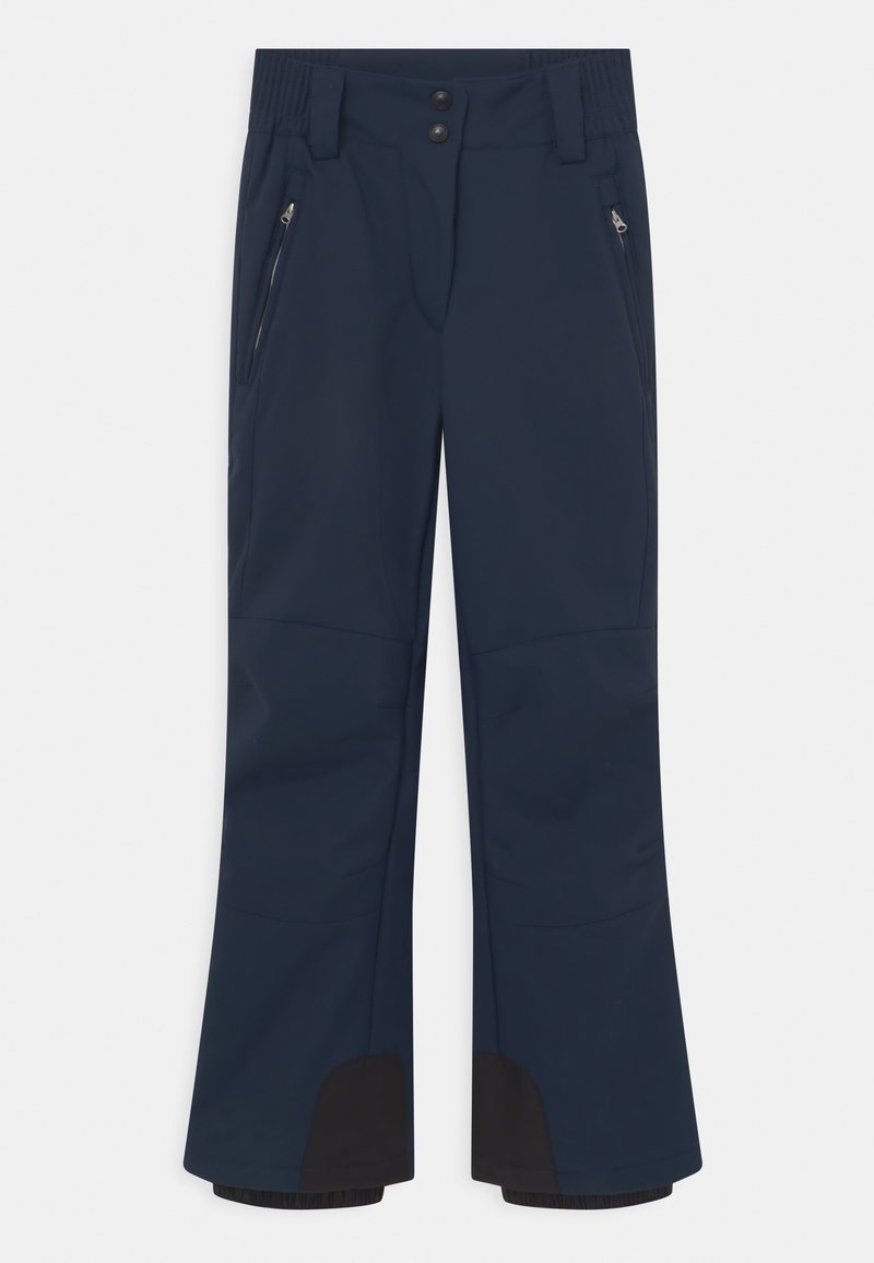 Pantalon de neige isolant bleu marine avec poches latérales zippées, taille à double bouton, passants de ceinture et tissu noir renforcé au niveau des chevilles intérieures.