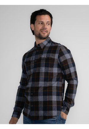 Zwart en grijs geruit overhemd met oranje accenten, lange mouwen, button-down kraag, twee voorzakken en een casual pasvorm.