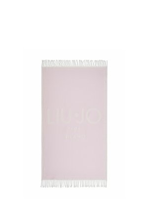 Sciarpa rettangolare rosa chiaro con frange bianche su entrambe le estremità e sottile logo bianco al centro.
