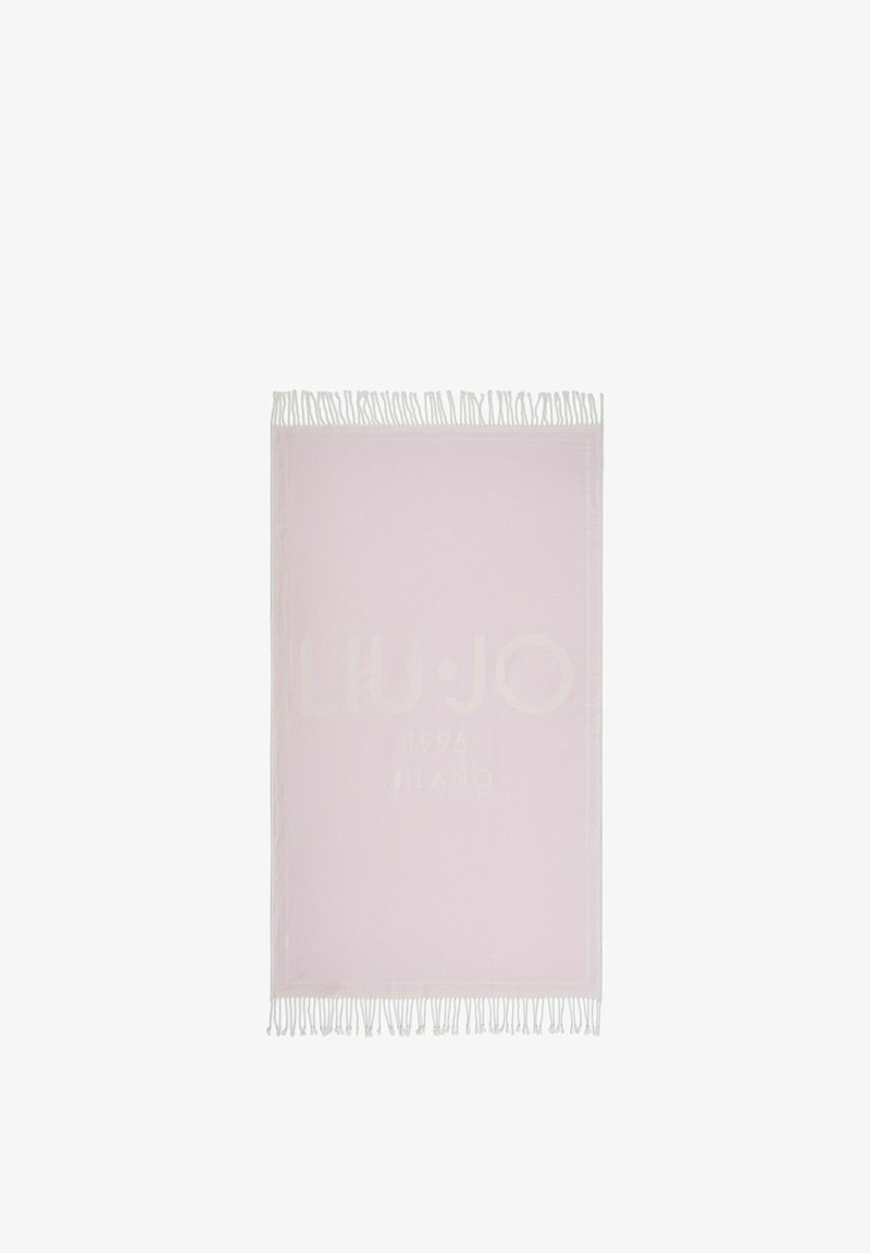 Écharpe rectangulaire rose clair avec franges blanches aux deux extrémités et texte de logo blanc discret au centre.