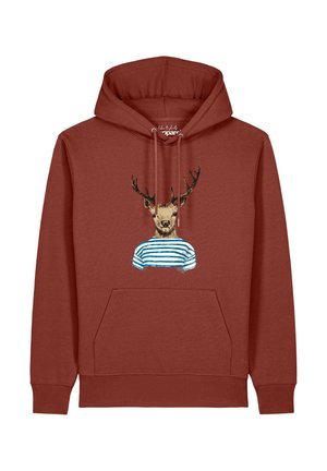 Rostfarbener Hoodie mit Fronttasche und Kordelzug, mit einer Grafik eines Hirsches, der ein blau-weiß gestreiftes Hemd trägt.