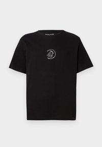 Schwarzes kurzärmeliges T-Shirt mit einem weißen Halbmond und Gesichtsgrafik, die auf der Brust zentriert ist, mit Rundhalsausschnitt und einem Jack & Jones Etikett im Inneren.