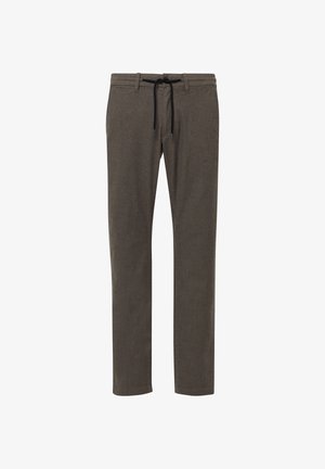 Braune, strukturierte, zulaufende Hosen mit einem Kordelzugbund und seitlichen Taschen, die ein dezentes vertikales Streifenmuster aufweisen.