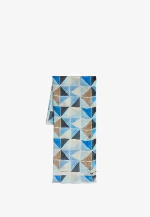 Kevyt huivi, jossa on geometrinen kuvio sinisistä, ruskeista, mustista ja valkoisista kolmioista toistuvassa ruudukkomallissa.