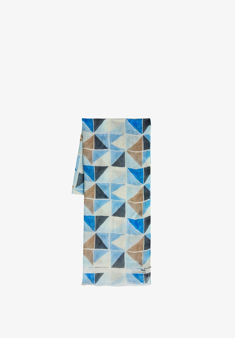 Let tørklæde med geometrisk mønster af blå, brune, sorte og hvide trekanter arrangeret i et gentaget gitterdesign.