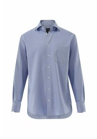 Helleblaue langärmlige Button-Up-Bluse mit Kragen, einer einzelnen Brusttasche und einer glatten, gewebten Textur. Sie verfügt über weiße Knöpfe an der Vorderseite.