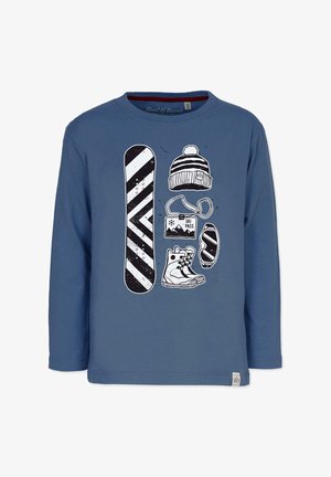 Blue long-sleeve shirt featuring a graphic design of a snowboard, boots, hat, ski pass, and goggles in black and white illustrations.