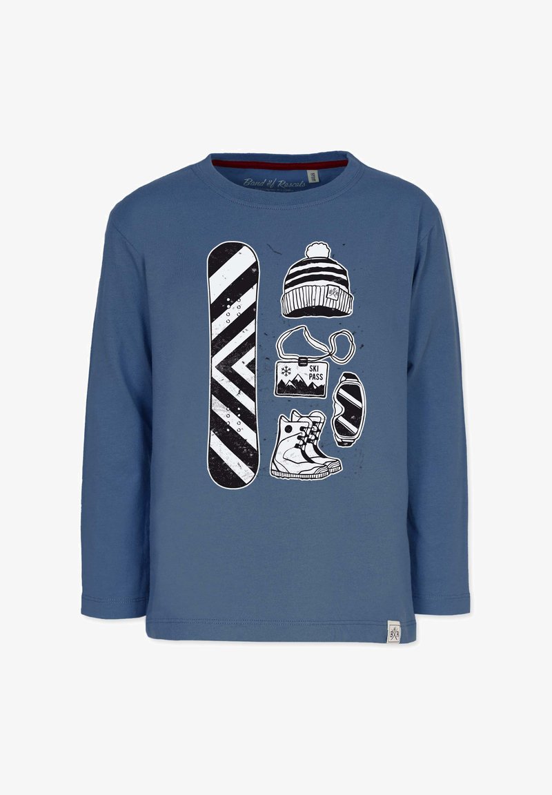 Blue long-sleeve shirt featuring a graphic design of a snowboard, boots, hat, ski pass, and goggles in black and white illustrations.
