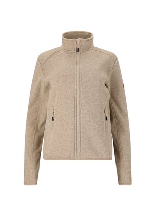 Chaqueta beige con cremallera hecha de tejido texturizado. Presenta un cuello alto, dos bolsillos laterales con cremalleras y detalles de costura sutiles.