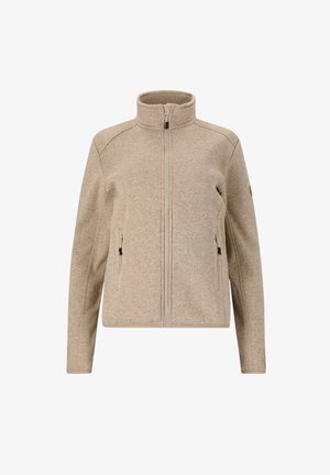 Beige Zip-Jacke aus strukturiertem Stoff. Sie hat einen hohen Kragen, zwei seitliche Taschen mit Reißverschlüssen und dezente Stickdetails.