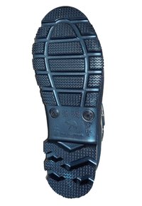 Semelle de chaussure en caoutchouc bleue avec des motifs de texture, bords renforcés et marquages pour la taille. Conçue pour l'adhérence et la durabilité.