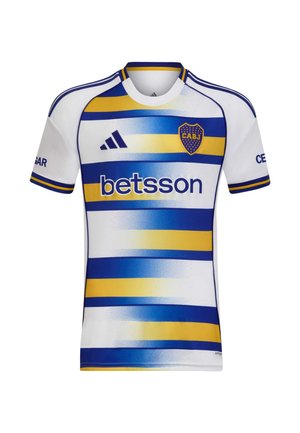 Bijeli nogometni dres s vodoravnim plavim i žutim prugama, logotipom Adidas, sponzorom Betsson i grbom momčadi CABJ na prsima.