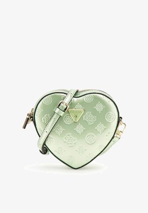 Borsa a forma di cuore in materiale patent verde chiaro. Presenta motivi in rilievo, un accento in logo dorato e una tracolla removibile.