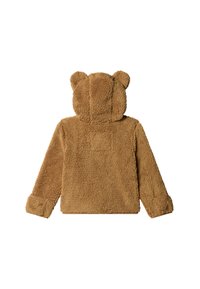 Jachetă din fleece maro de tip teddy cu glugă prevăzută cu urechi de urs, texturată, mâneci lungi cu accente la manșete și o pată pătrată pe spate.