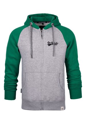 Zip-up hoodie in grey with green raglan sleeves. Features a drawstring hood, checkerboard accents, and front pockets. Soft fabric texture.