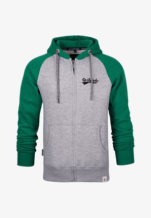 Zip-up hoodie in grey with green raglan sleeves. Features a drawstring hood, checkerboard accents, and front pockets. Soft fabric texture.