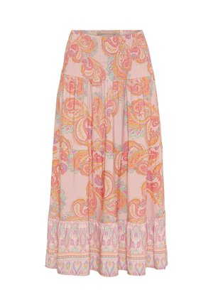 Lang, svajende nederdel lavet af letvægtsstof i pink med et paisley-mønster i orange, grøn og lilla; har en flæset søm.