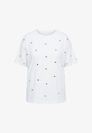 Weißes T-Shirt mit kurzen Ärmeln, verziert mit verstreuten kleinen silbernen herzförmigen Nieten auf Vorderseite und Ärmeln, Rundhalsausschnitt, lockere Passform.