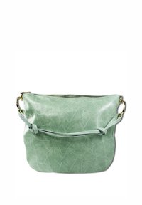 Groene leren schoudertas met een quilted textuur, gouden hardware en een geknoopte schouderband. Ontworpen met een ritssluiting aan de bovenkant.