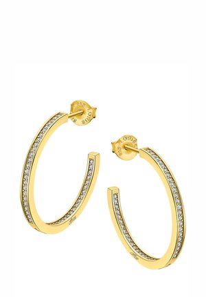 Boucles d'oreilles créoles en or avec une rangée de cristaux transparents le long du bord extérieur, finition polie et fermoir papillon.