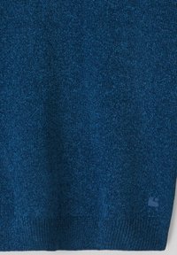 Pull bleu en tricot texturé, avec un ourlet côtelé et un petit logo près du bas. Apparence douce et accueillante.