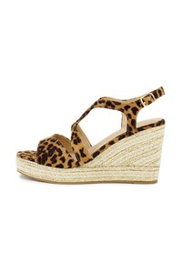 Leopard-print wedge sandals with crossed straps, made of textured fabric, featuring a jute-wrapped heel and a gold-tone buckle accent.
