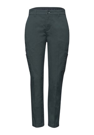 Pantalon cargo droit gris foncé avec poches latérales, fermeture par boutons et passants de ceinture, présenté à plat sur fond blanc.