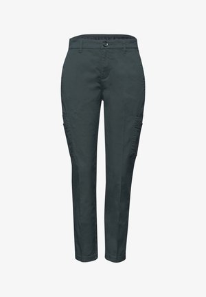 Pantalon cargo droit gris foncé avec poches latérales, fermeture par boutons et passants de ceinture, présenté à plat sur fond blanc.