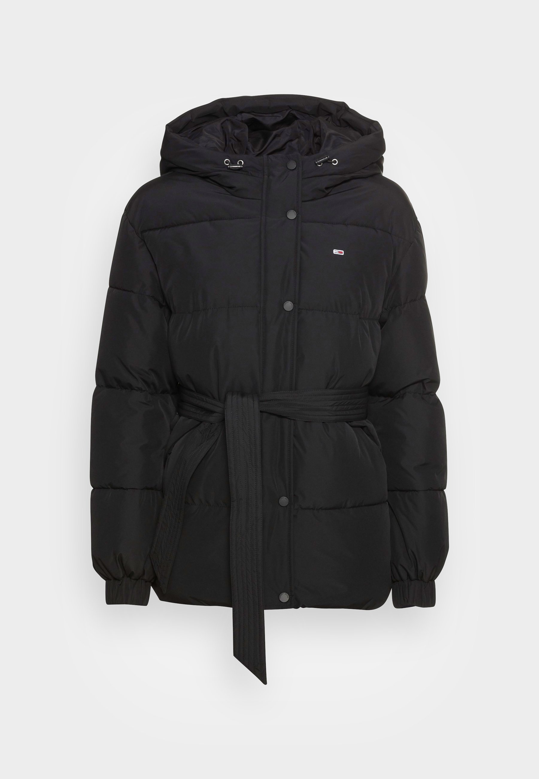 black belted down coat