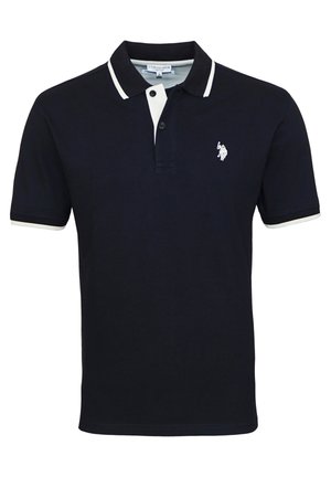 Polo shirt navy avec un col blanc et des accents de manches, présentant un petit logo brodé sur la poitrine gauche et une patte de boutonnière à trois boutons.