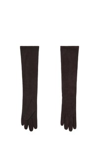 Gants en suède marron au design long, avec une texture lisse et un petit accent cousu au niveau du poignet.