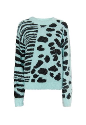 Puhast pulover v svetlo modri barvi z naslednjimi črnimi motivi živali, z okroglo ovratnikom in dolgimi rokavi ter raznolikimi teksturami.