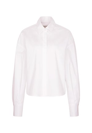 Wit, cropped button-down shirt van gladde katoen. Heeft een klassieke kraag, lange mouwen met gestructureerde manchetten en een naad in het midden.