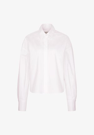 Weißes, tailliertes Hemd mit Knöpfen aus glattem Baumwollstoff. Verfügt über einen klassischen Kragen, lange Ärmel mit strukturierten Manschetten und eine Naht in der Mitte.