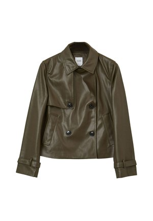 Olivgrüne Lederjacke mit doppelter Knopfleiste, großem Kragen, zwei Fronttaschen und Knopfdetails an den Ärmeln. Glatte Textur.